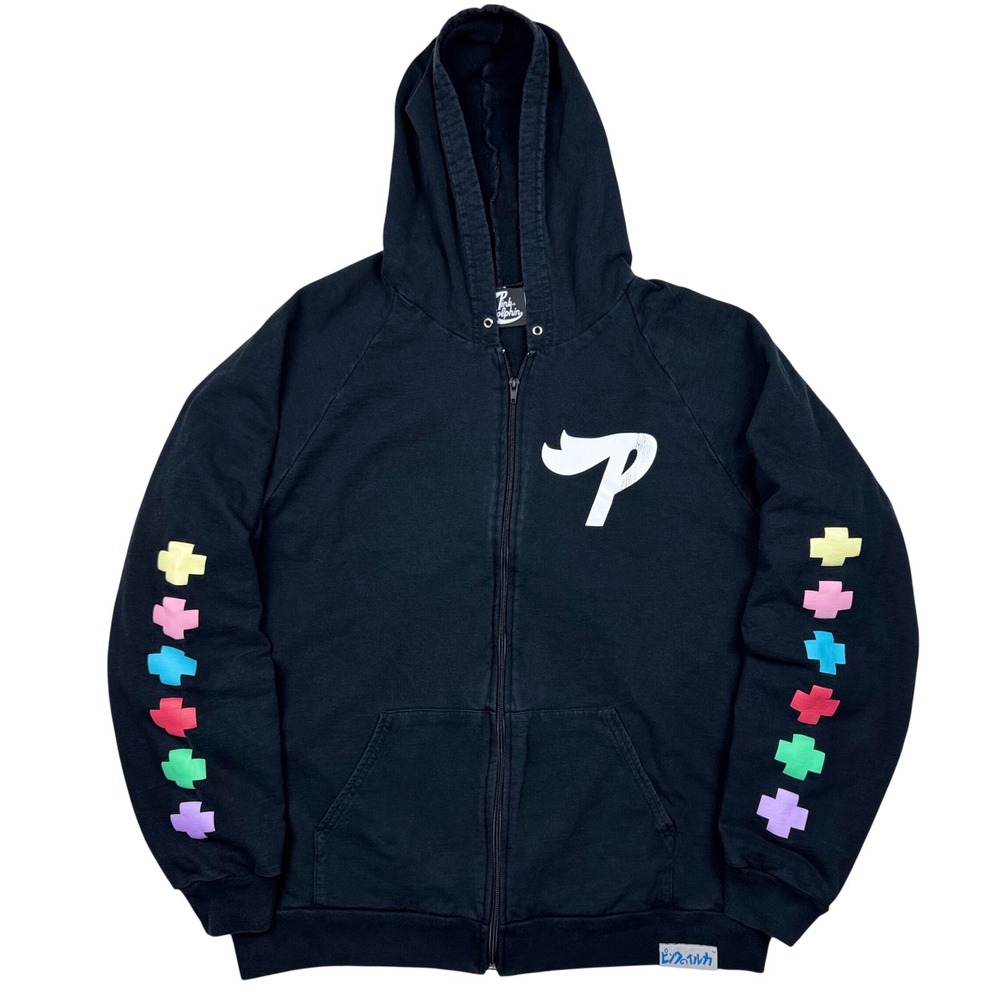Pink Dolphin Zip Up Hoodie RARE Graphic Mens L Black Grunge Skate Streetwear Y2K